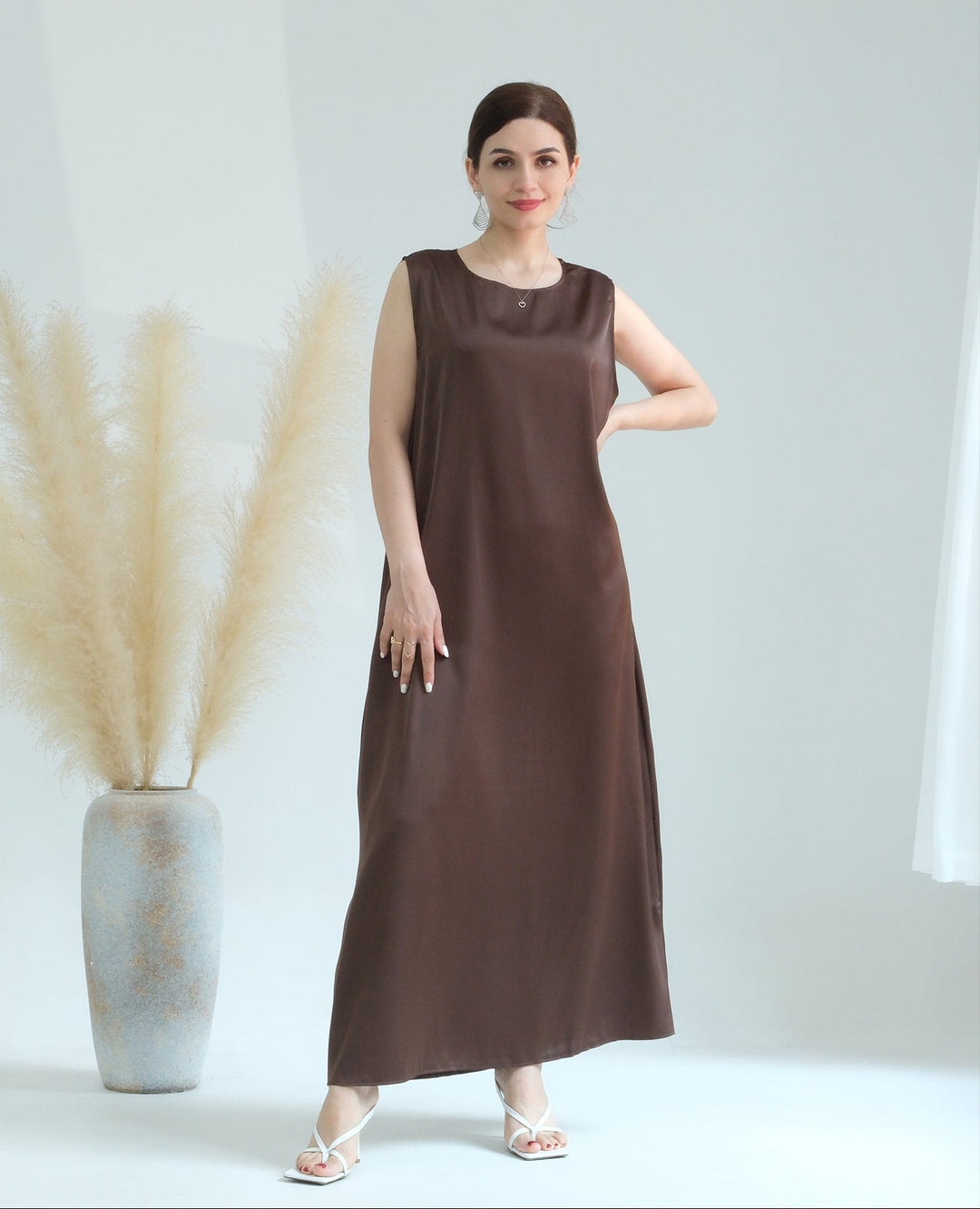 Get trendy with Satin Slip Dress - Brown - Dresses available at Voilee NY. Grab yours for $32.90 today!