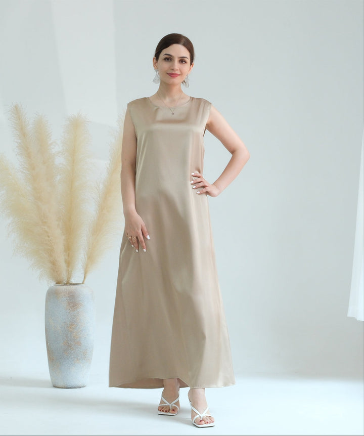 Get trendy with Satin Slip Dress - Beige - Dresses available at Voilee NY. Grab yours for $32.90 today!