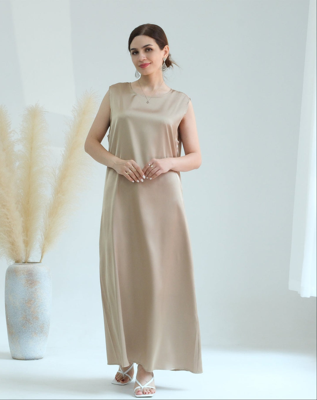 Get trendy with Satin Slip Dress - Beige - Dresses available at Voilee NY. Grab yours for $32.90 today!