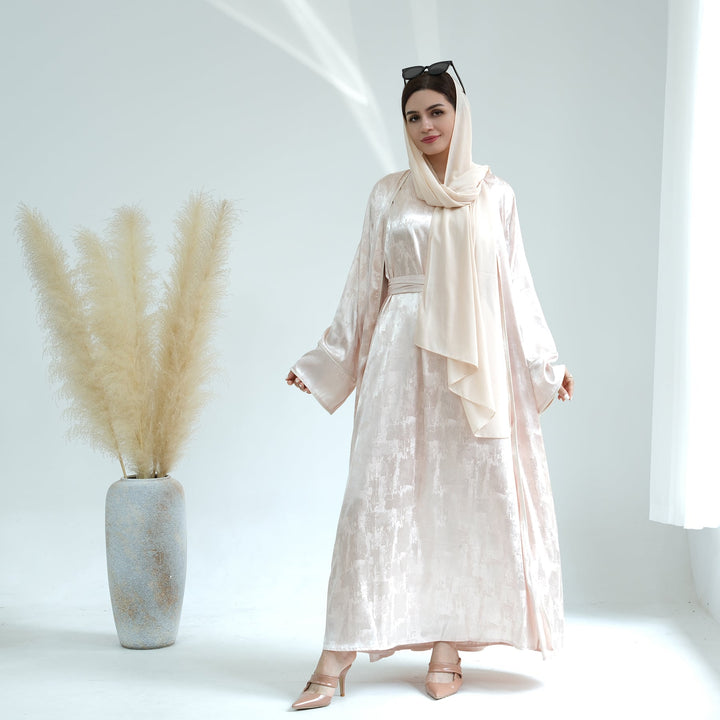 Get trendy with Brielle Satin Open Abaya - Blushing Peach - Dresses available at Voilee NY. Grab yours for $64.90 today!