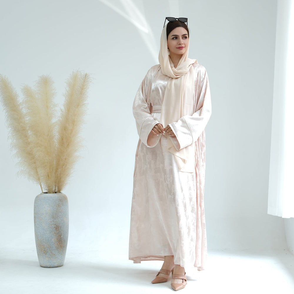 Get trendy with Brielle Satin Open Abaya - Blushing Peach - Dresses available at Voilee NY. Grab yours for $64.90 today!