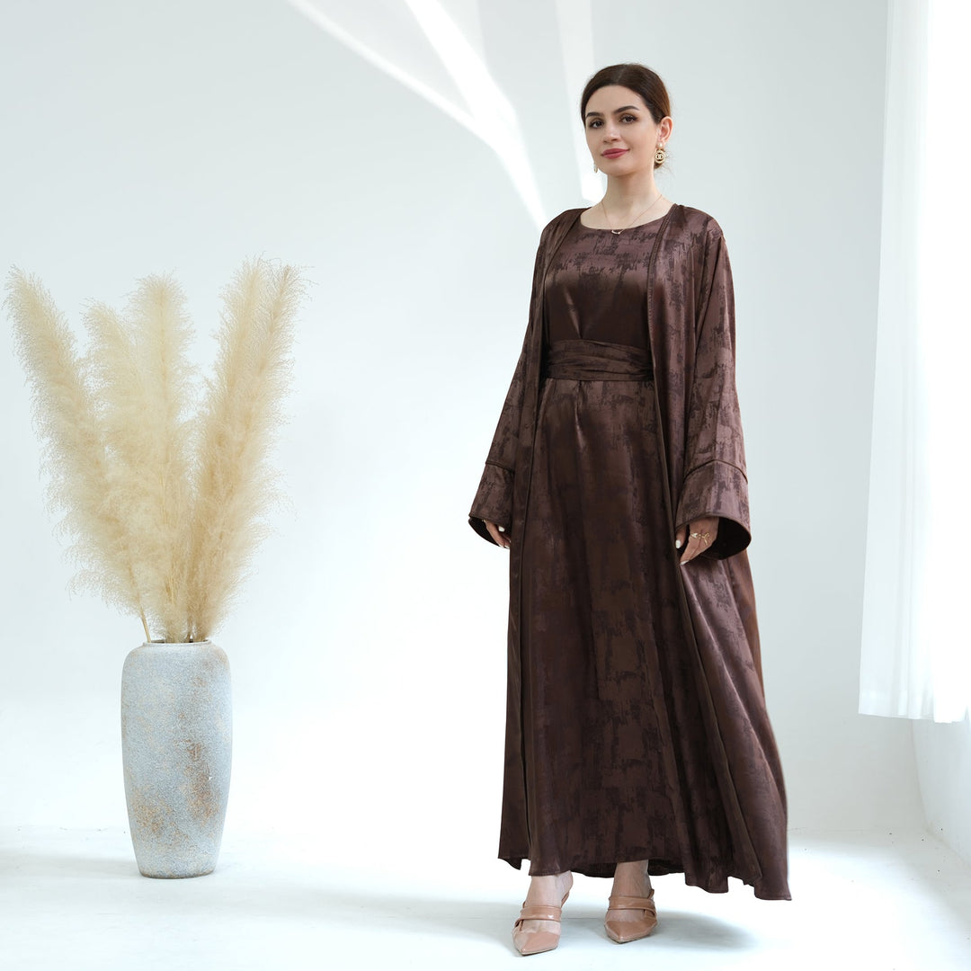 Get trendy with Brielle Satin Open Abaya - Coffee - Dresses available at Voilee NY. Grab yours for $64.90 today!