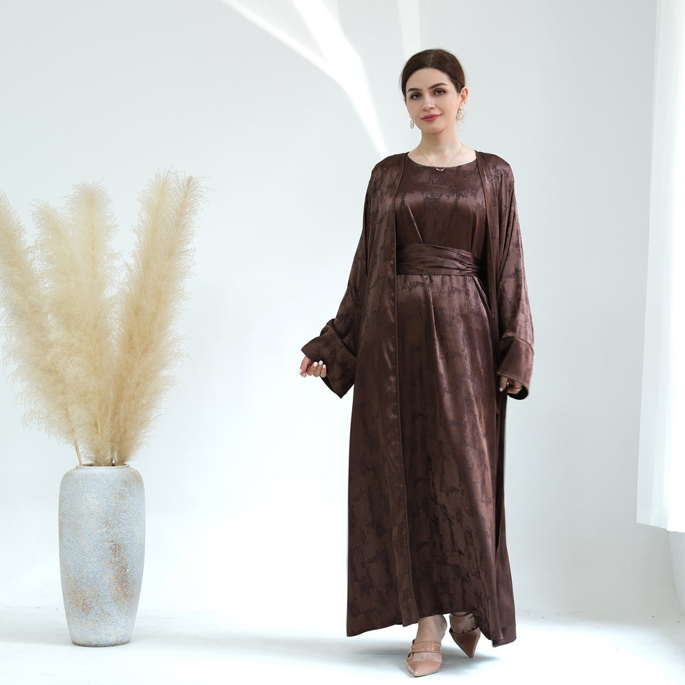 Get trendy with Brielle Satin Open Abaya - Coffee - Dresses available at Voilee NY. Grab yours for $64.90 today!