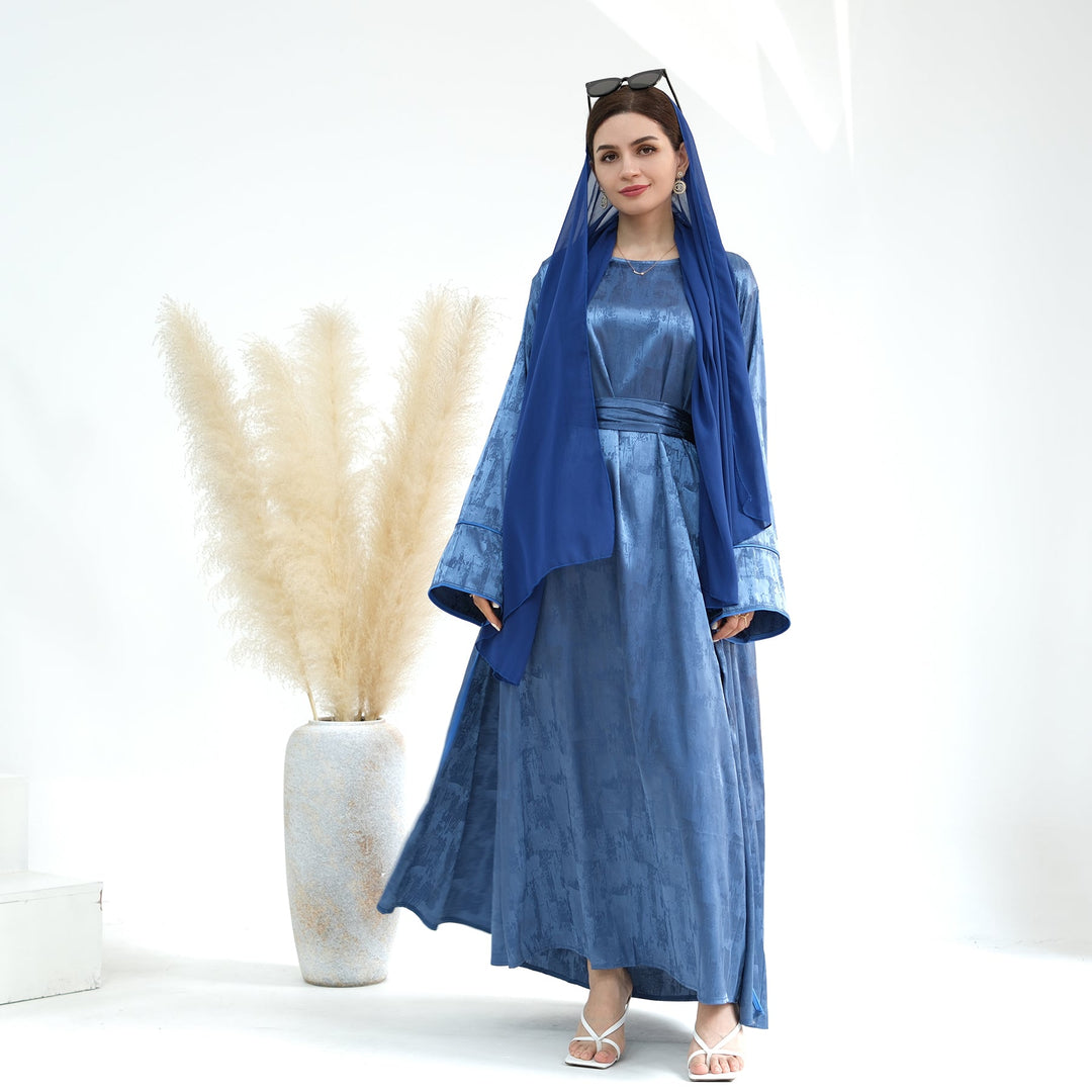 Get trendy with Brielle Satin Open Abaya - Blue - Dresses available at Voilee NY. Grab yours for $64.90 today!