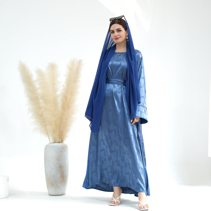 Get trendy with Brielle Satin Open Abaya - Blue - Dresses available at Voilee NY. Grab yours for $64.90 today!