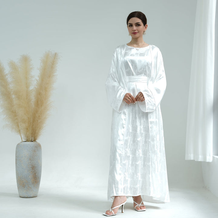 Get trendy with Brielle Satin Open Abaya - White - Dresses available at Voilee NY. Grab yours for $64.90 today!