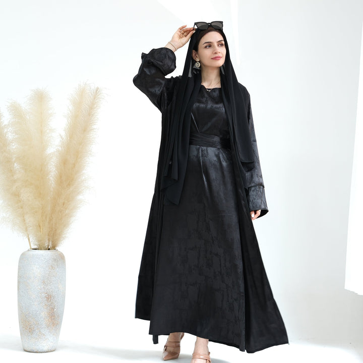 Get trendy with Brielle Satin Open Abaya - Black - Dresses available at Voilee NY. Grab yours for $64.90 today!