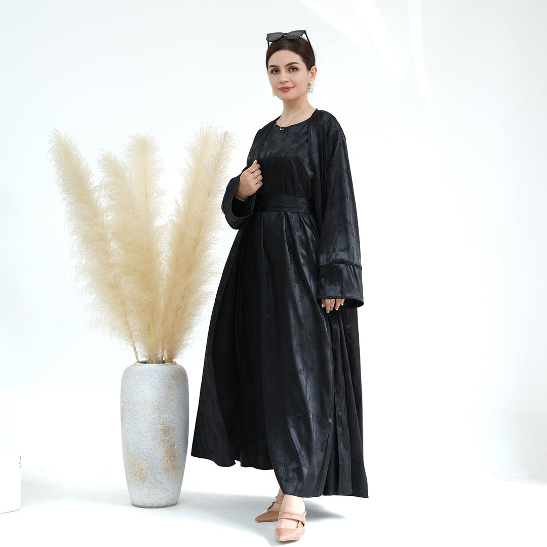 Get trendy with Brielle Satin Open Abaya - Black - Dresses available at Voilee NY. Grab yours for $64.90 today!