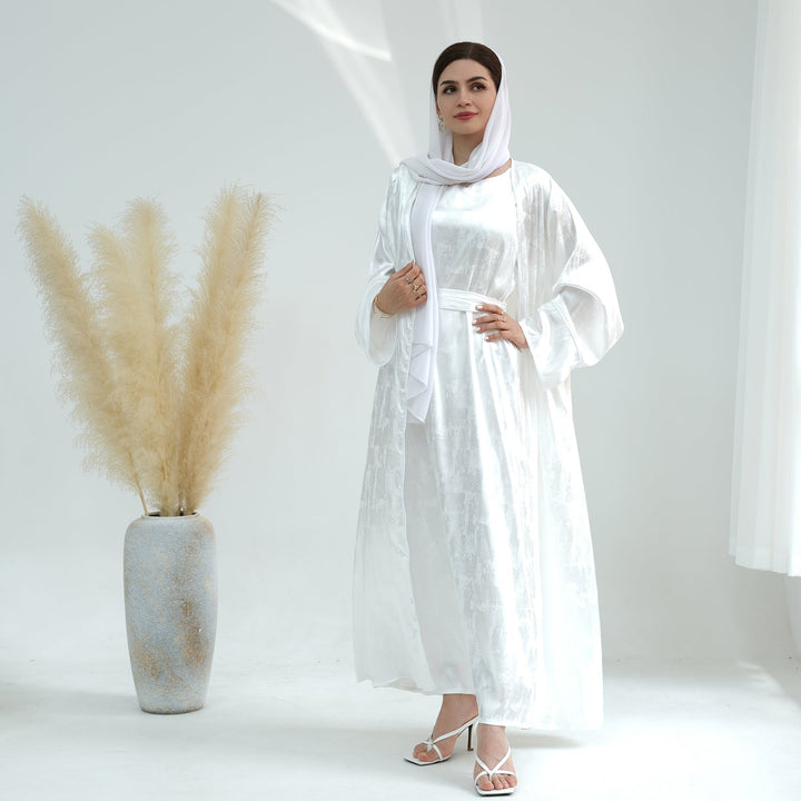Get trendy with Brielle Satin Open Abaya - White - Dresses available at Voilee NY. Grab yours for $64.90 today!