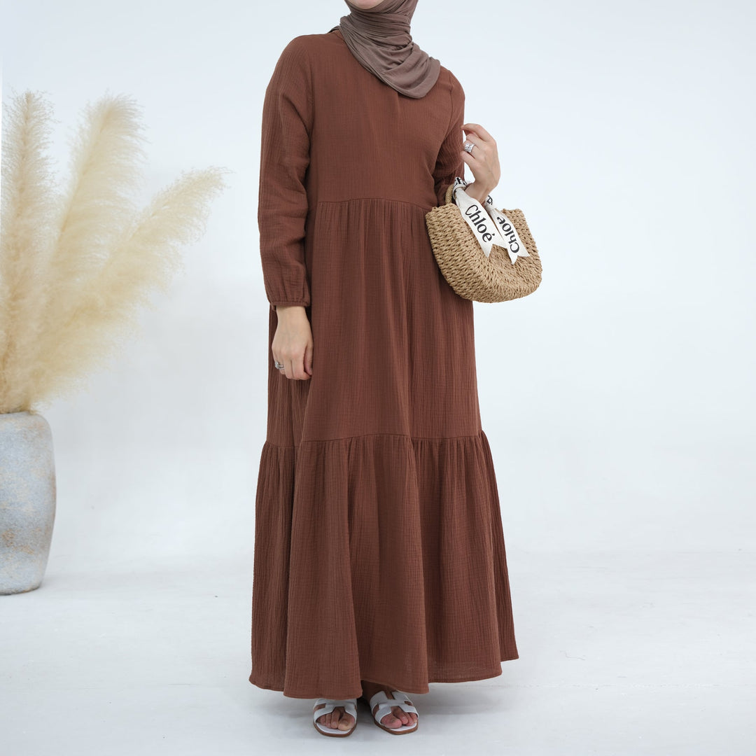 Get trendy with Long Sleeve Prairie Maxi Dress - Brown - Dresses available at Voilee NY. Grab yours for $42.90 today!