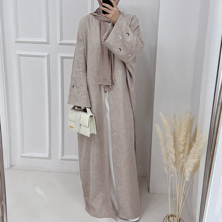 Get trendy with Iris Lightweight Duster Open Abaya - Desert - Cardigan available at Voilee NY. Grab yours for $54.90 today!