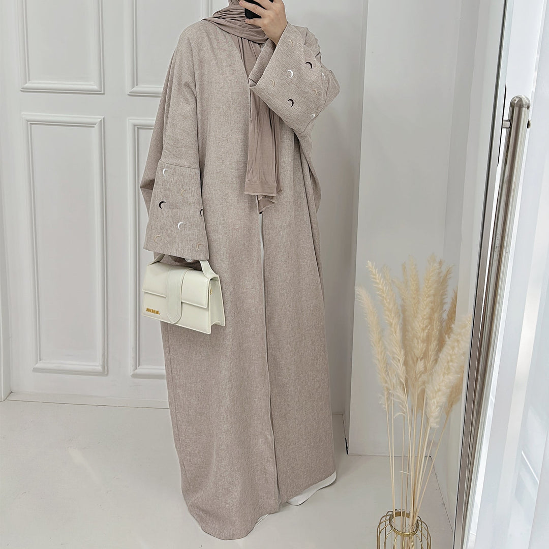 Get trendy with Iris Lightweight Duster Open Abaya - Desert - Cardigan available at Voilee NY. Grab yours for $54.90 today!