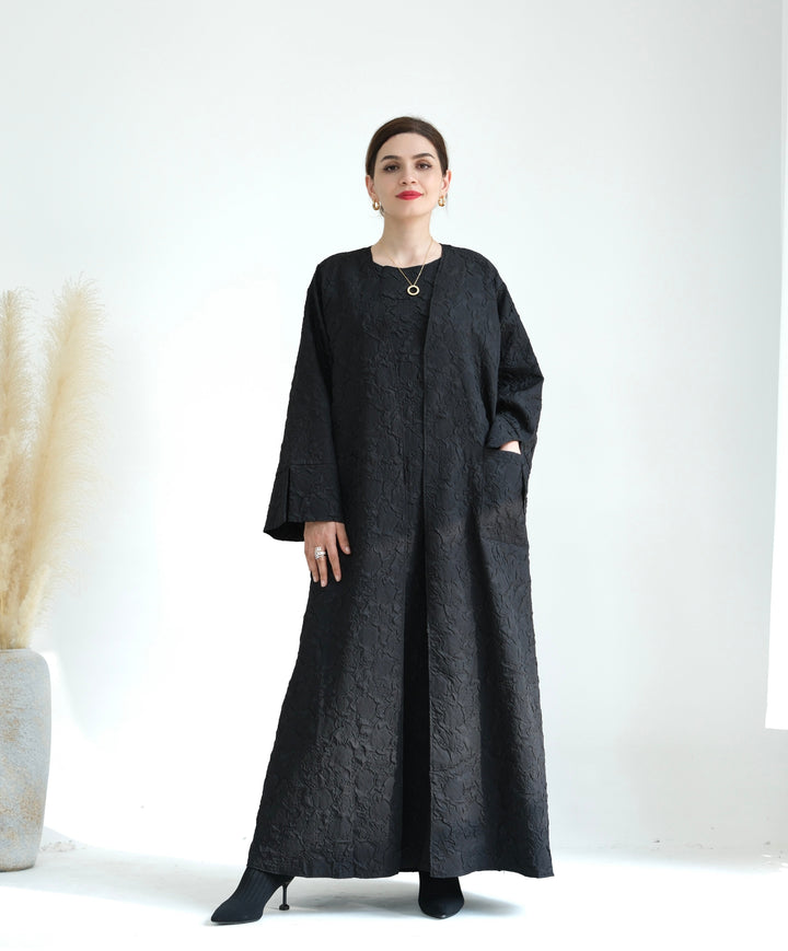 Get trendy with Eva Textured Abaya Set - Black - Dresses available at Voilee NY. Grab yours for $94.90 today!