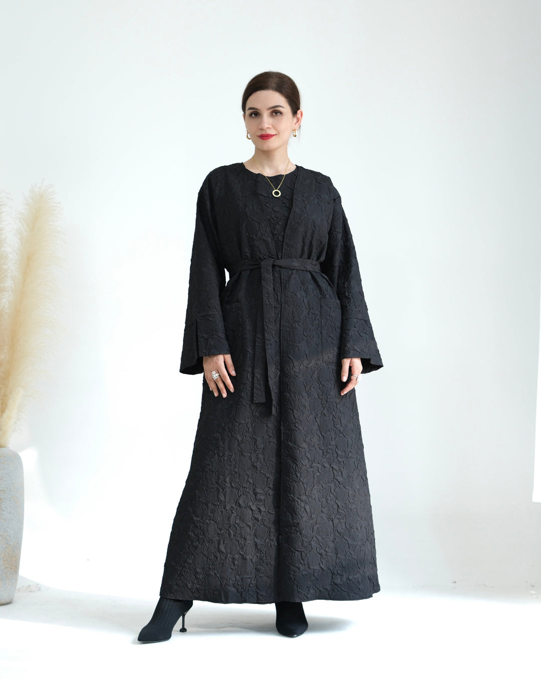 Get trendy with Eva Textured Abaya Set - Black - Dresses available at Voilee NY. Grab yours for $94.90 today!