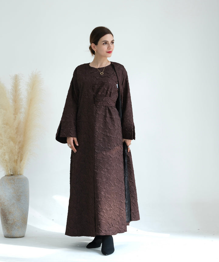 Get trendy with Eva Textured Abaya Set - Cocoa - Dresses available at Voilee NY. Grab yours for $94.90 today!