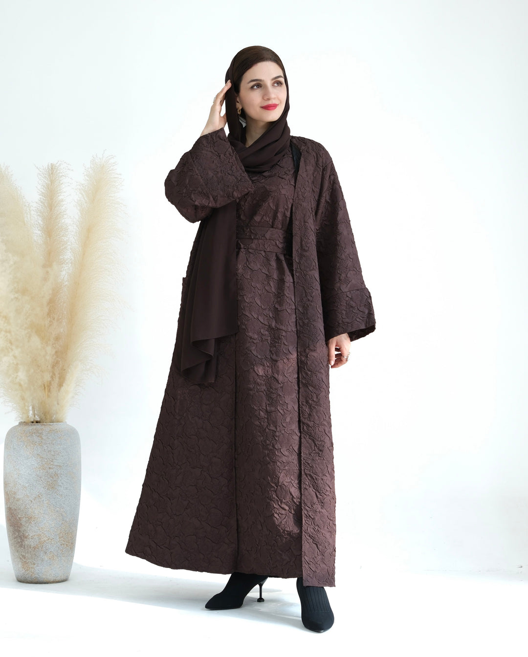Get trendy with Eva Textured Abaya Set - Cocoa - Dresses available at Voilee NY. Grab yours for $94.90 today!