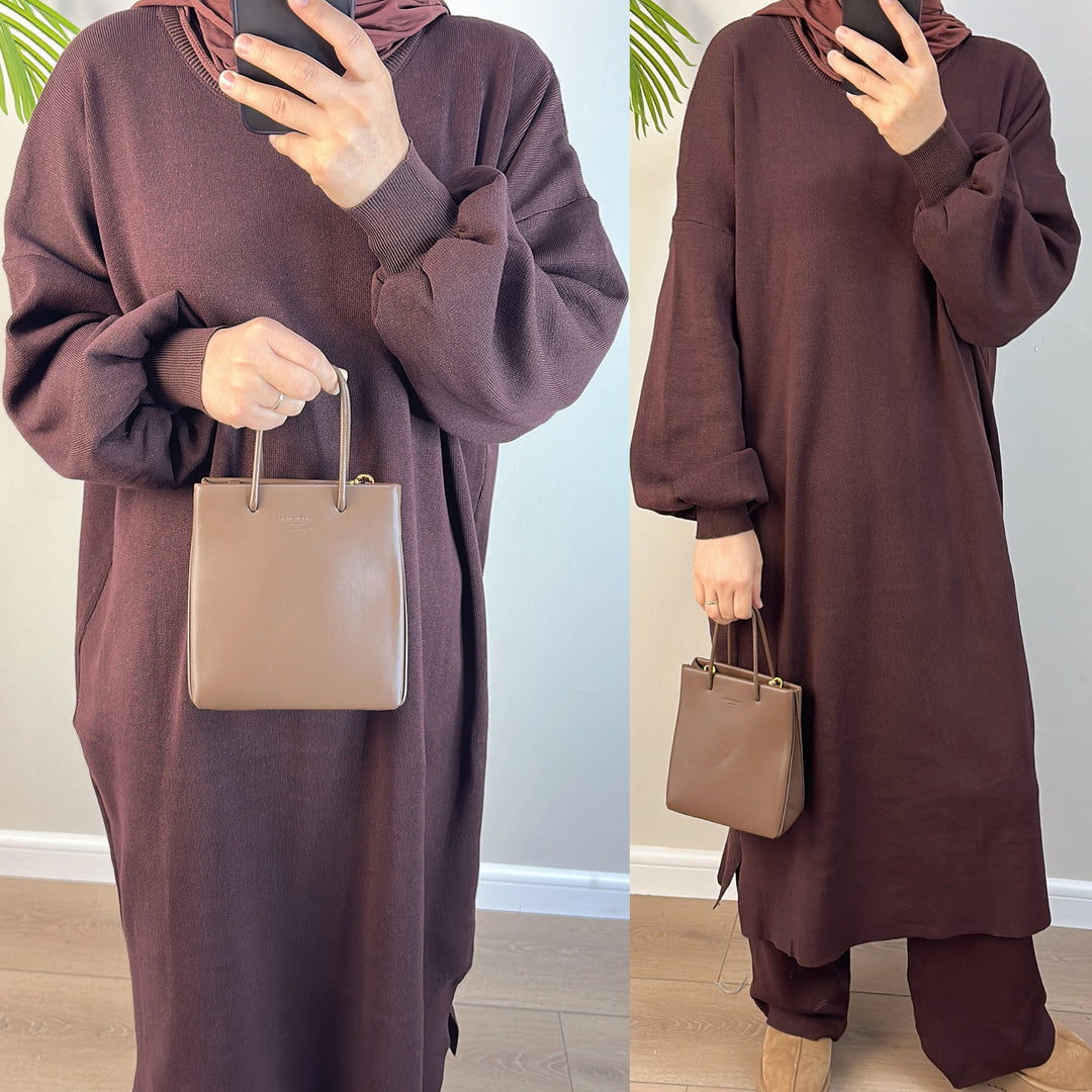 2-piece Maxi Knit Sweatsuit - Brown Pants set from Voilee NY