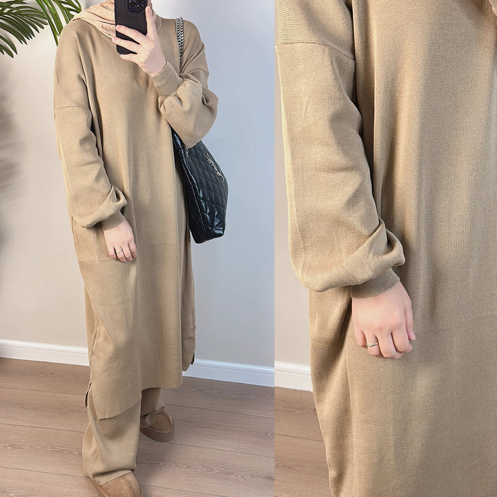 Get trendy with 2-piece Maxi Knit Sweatsuit - Camel - Pants set available at Voilee NY. Grab yours for $79.90 today!