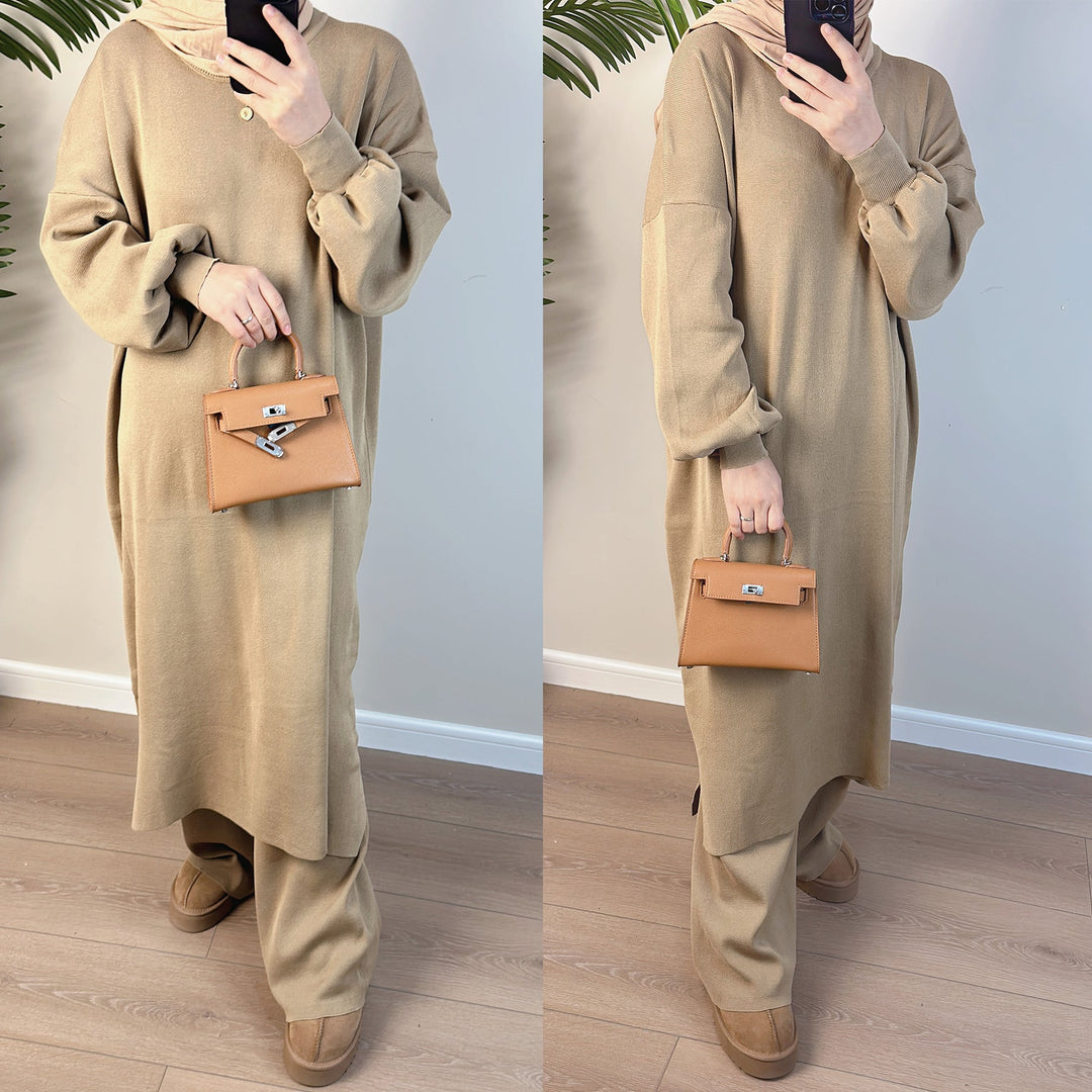 Get trendy with 2-piece Maxi Knit Sweatsuit - Camel - Pants set available at Voilee NY. Grab yours for $79.90 today!
