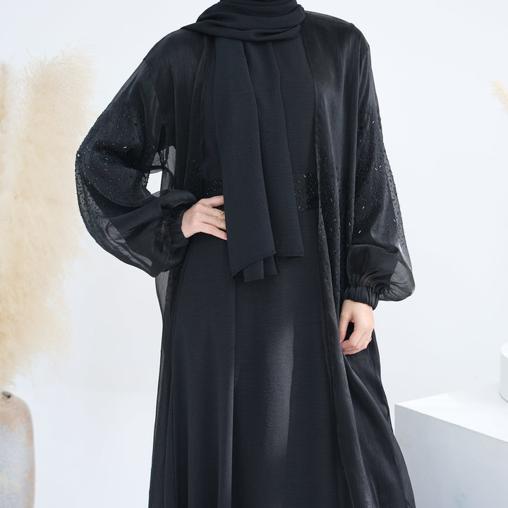 Get trendy with Mirabel Luxe 3-piece Abaya Set - Black -  available at Voilee NY. Grab yours for $84.90 today!