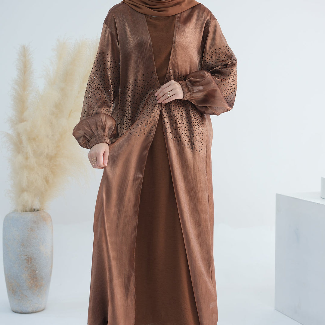 Get trendy with Mirabel Luxe 3-piece Abaya Set - Walnut -  available at Voilee NY. Grab yours for $84.90 today!