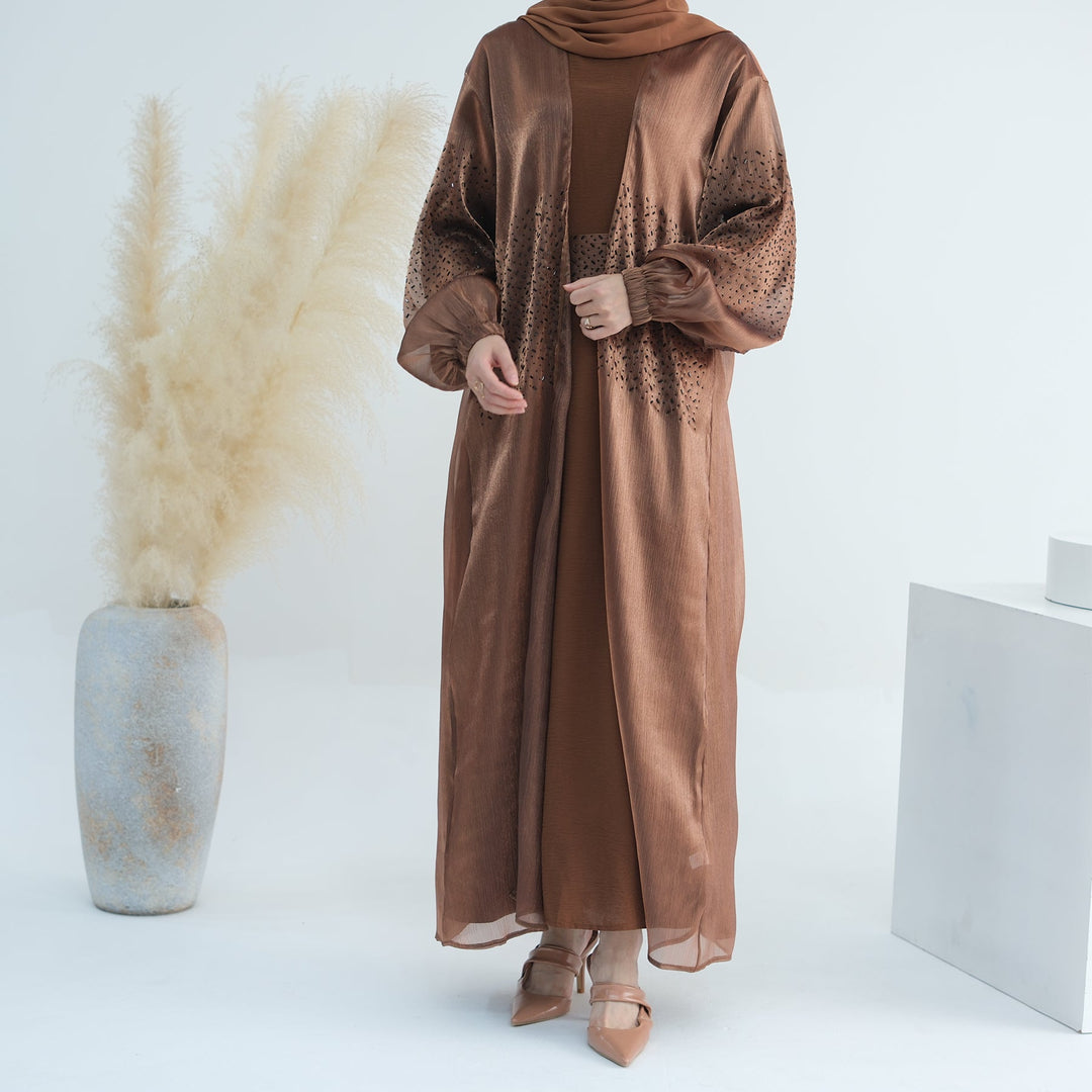Get trendy with Mirabel Luxe 3-piece Abaya Set - Walnut -  available at Voilee NY. Grab yours for $84.90 today!