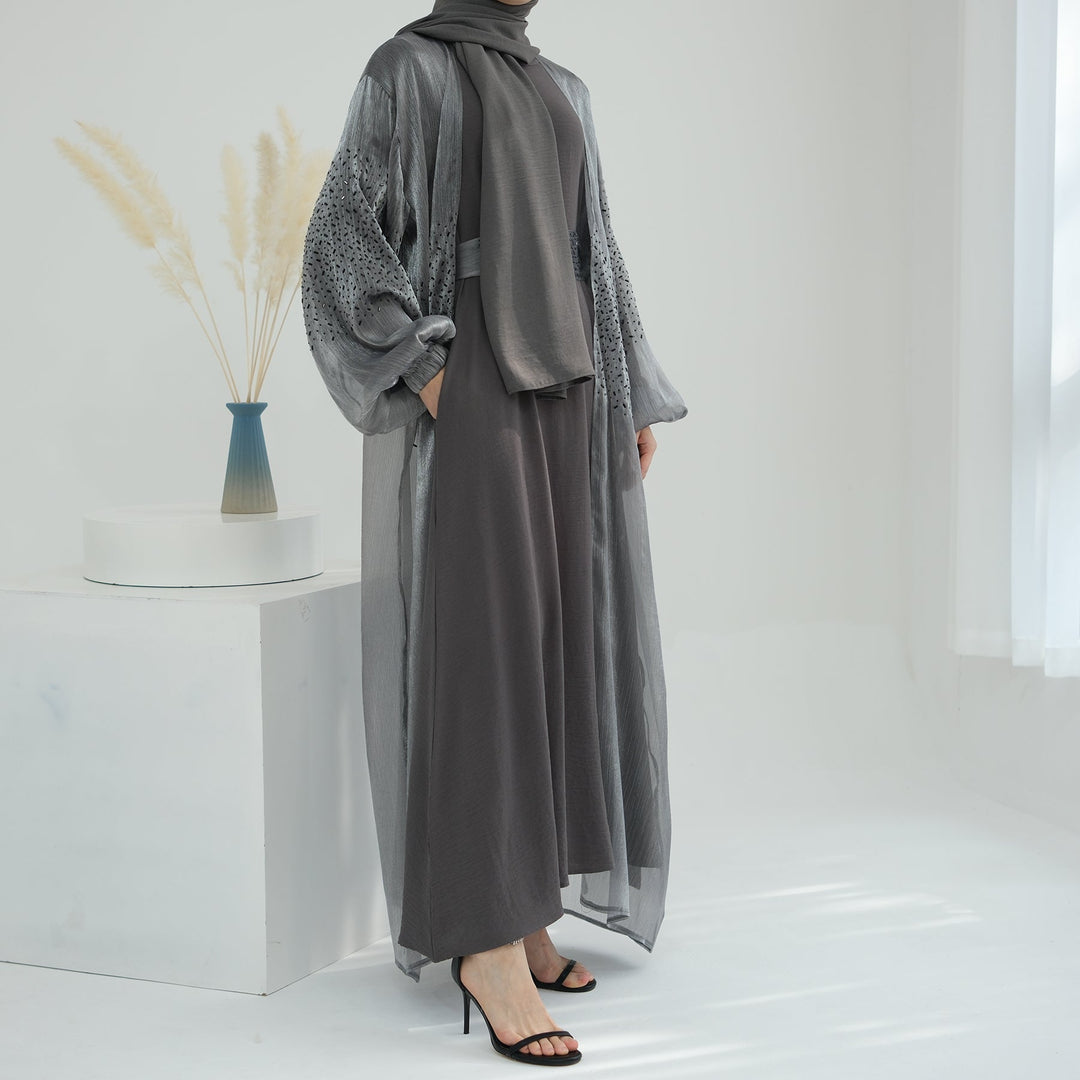 Get trendy with Mirabel Luxe 3-piece Abaya Set - Smoke -  available at Voilee NY. Grab yours for $84.90 today!