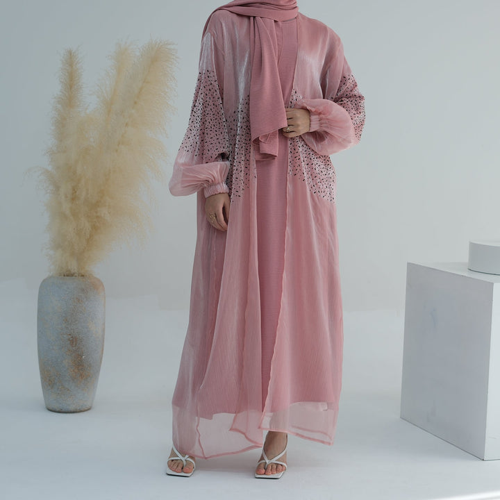 Get trendy with Mirabel Luxe 3-piece Abaya Set - Pink -  available at Voilee NY. Grab yours for $84.90 today!