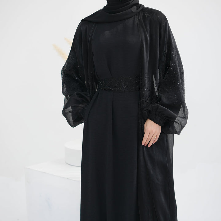 Get trendy with Mirabel Luxe 3-piece Abaya Set - Black -  available at Voilee NY. Grab yours for $84.90 today!