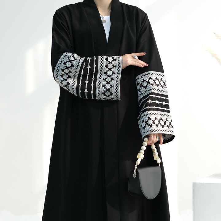 Get trendy with Balkis Embroidered Open Abaya - Black -  available at Voilee NY. Grab yours for $64.90 today!