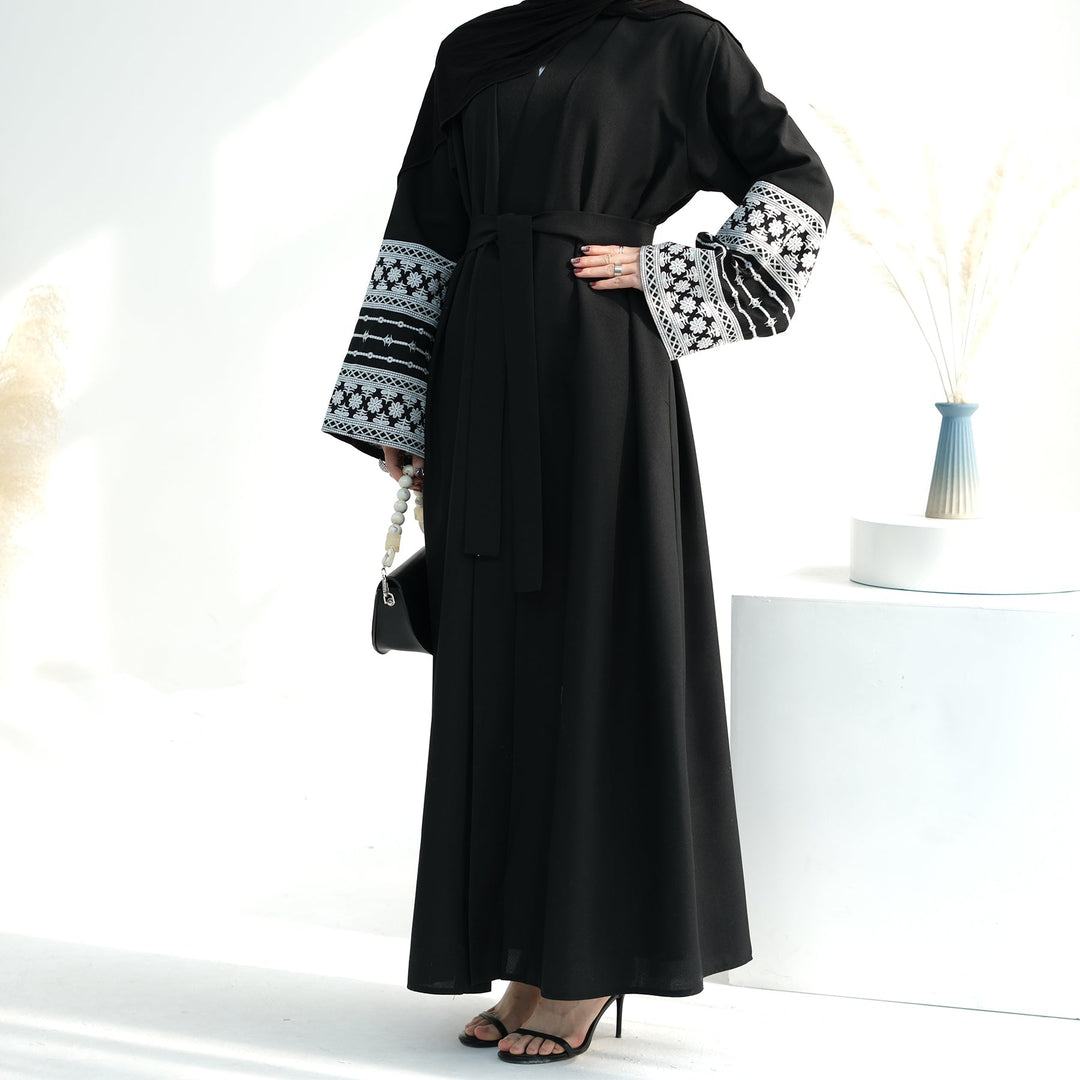 Get trendy with Balkis Embroidered Open Abaya - Black -  available at Voilee NY. Grab yours for $29.99 today!