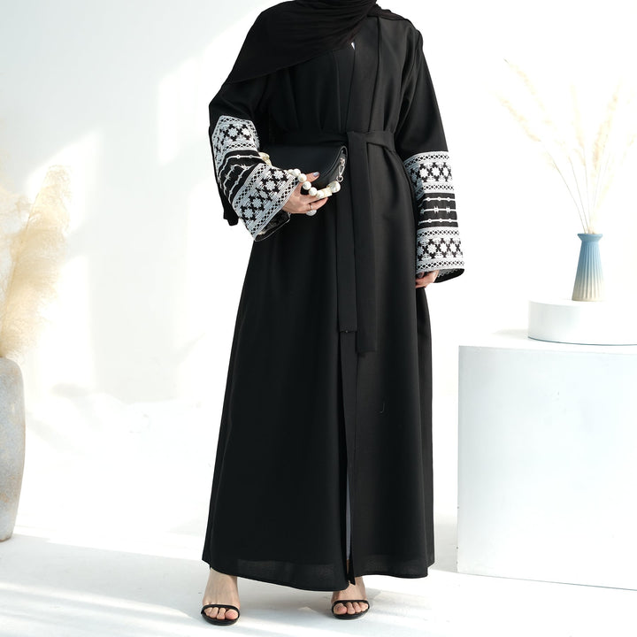 Get trendy with Balkis Embroidered Open Abaya - Black -  available at Voilee NY. Grab yours for $29.99 today!