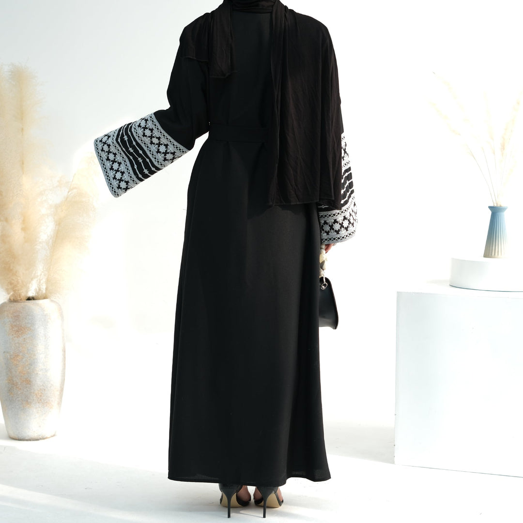 Get trendy with Balkis Embroidered Open Abaya - Black -  available at Voilee NY. Grab yours for $29.99 today!