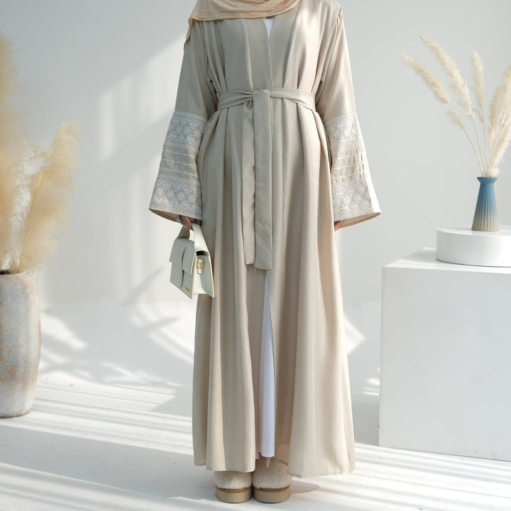 Get trendy with Balkis Embroidered Open Abaya - Sand -  available at Voilee NY. Grab yours for $64.90 today!