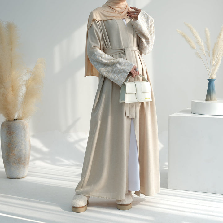 Get trendy with Balkis Embroidered Open Abaya - Sand -  available at Voilee NY. Grab yours for $64.90 today!