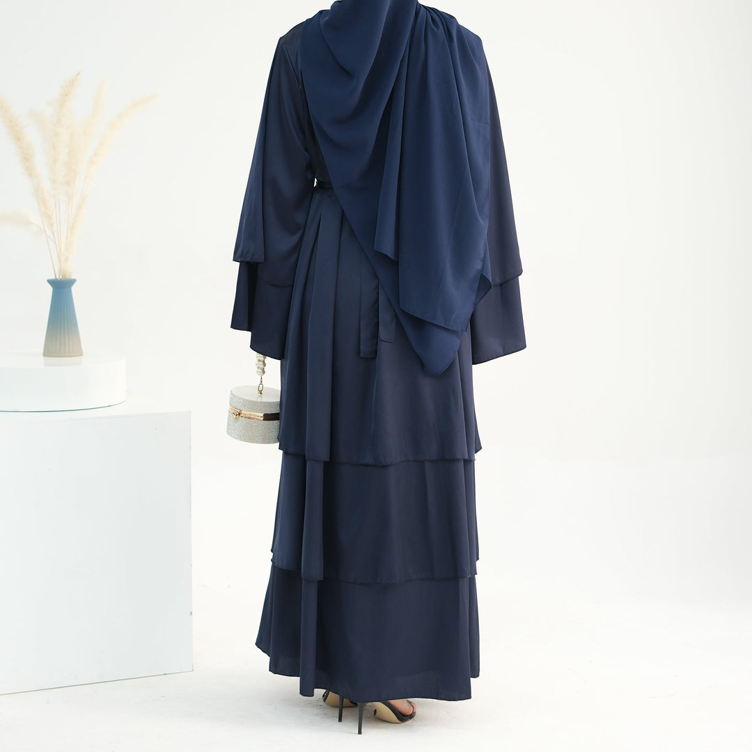 Get trendy with Miranda Layered Hem Satin Open Abaya - Navy -  available at Voilee NY. Grab yours for $69.90 today!