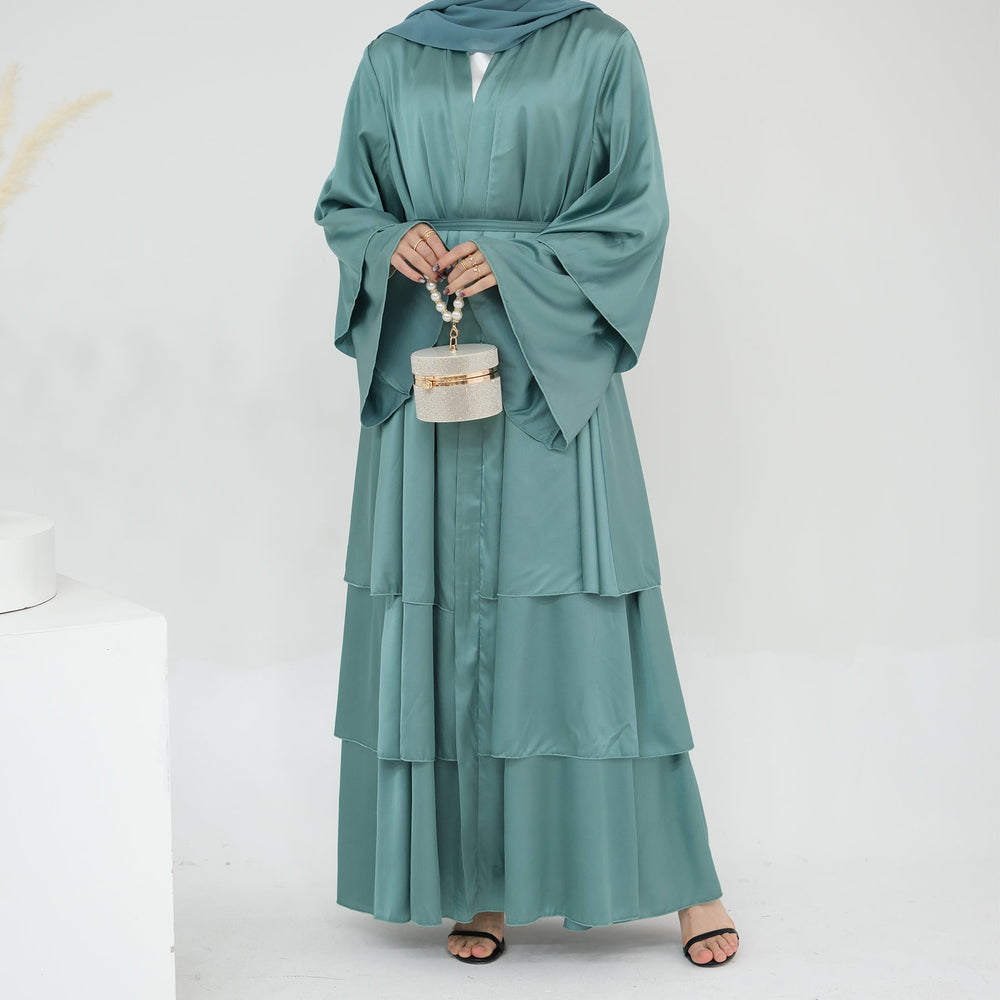 Get trendy with Miranda Layered Hem Satin Open Abaya - Mint -  available at Voilee NY. Grab yours for $69.90 today!