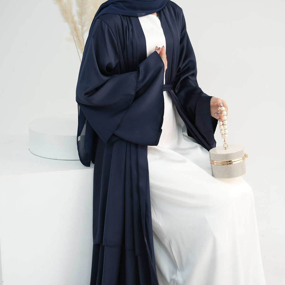 Get trendy with Miranda Layered Hem Satin Open Abaya - Navy -  available at Voilee NY. Grab yours for $69.90 today!
