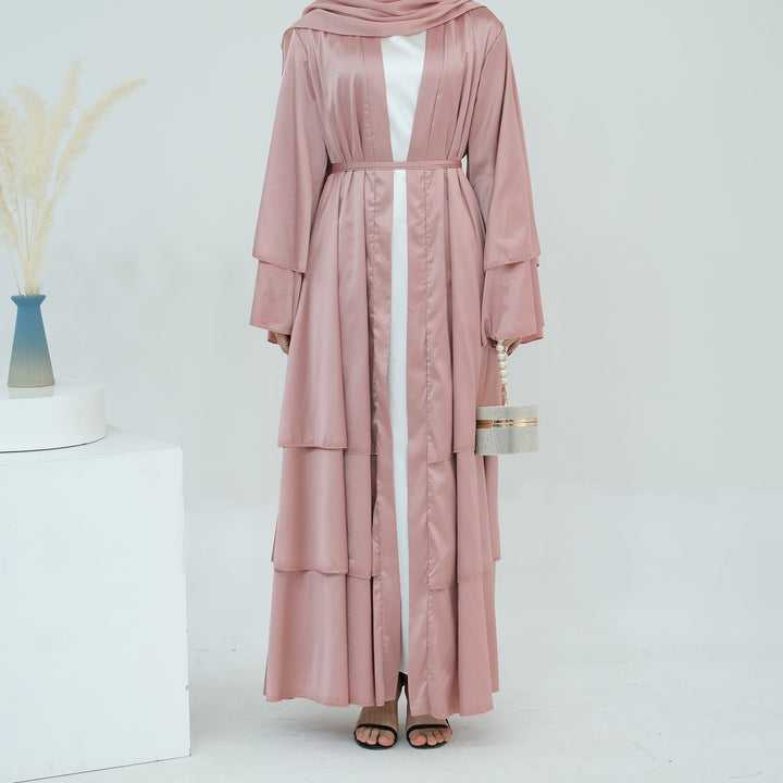 Get trendy with Miranda Layered Hem Satin Open Abaya - Pink Coral -  available at Voilee NY. Grab yours for $69.90 today!