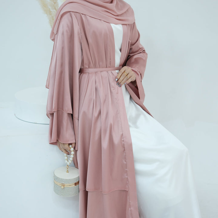 Get trendy with Miranda Layered Hem Satin Open Abaya - Pink Coral -  available at Voilee NY. Grab yours for $69.90 today!
