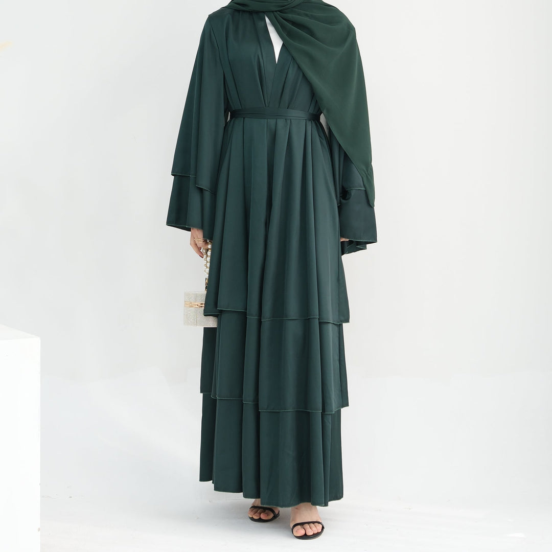 Get trendy with Miranda Layered Hem Satin Open Abaya - Dark Emerald -  available at Voilee NY. Grab yours for $69.90 today!