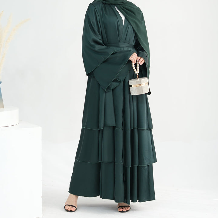 Get trendy with Miranda Layered Hem Satin Open Abaya - Dark Emerald -  available at Voilee NY. Grab yours for $69.90 today!
