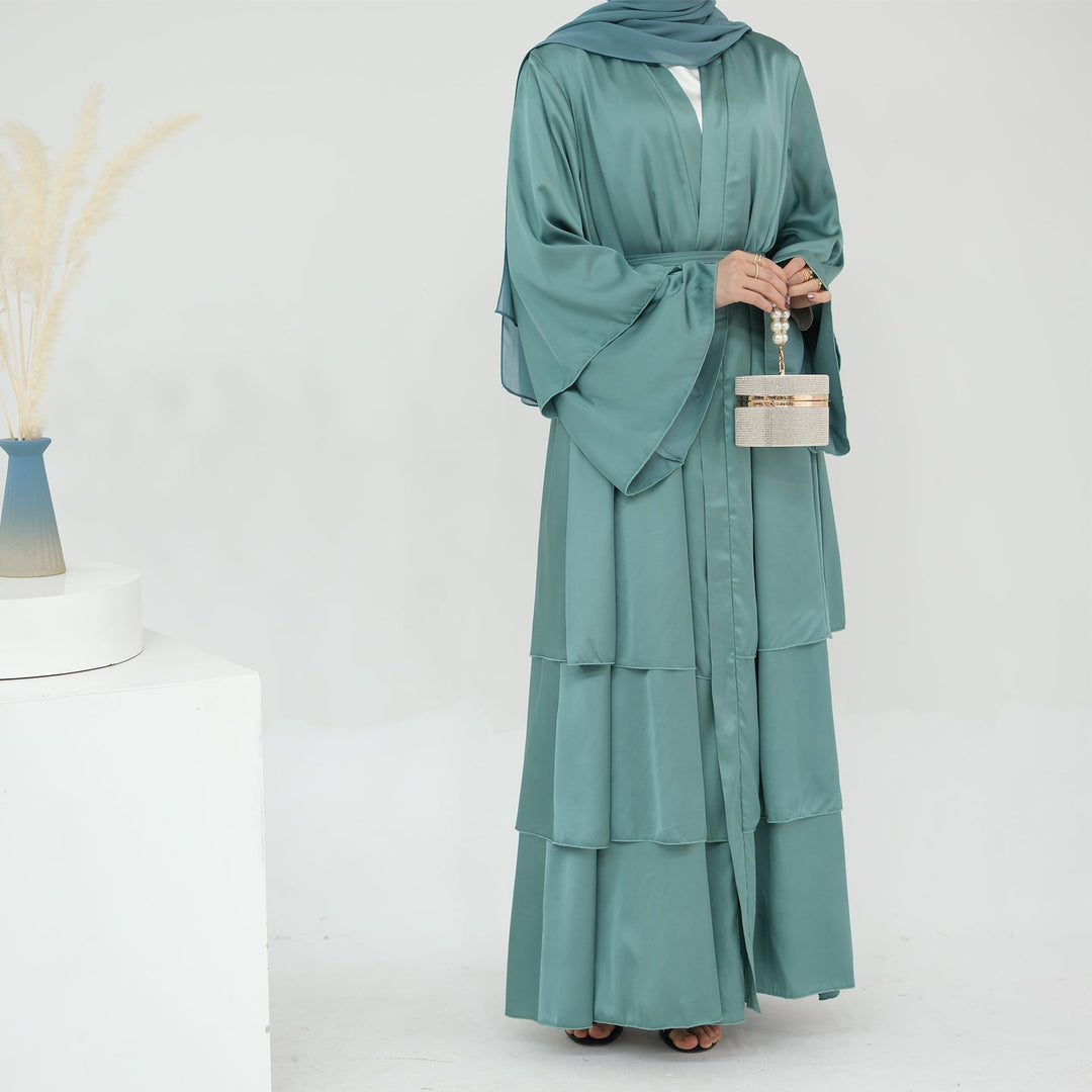 Get trendy with Miranda Layered Hem Satin Open Abaya - Mint -  available at Voilee NY. Grab yours for $69.90 today!
