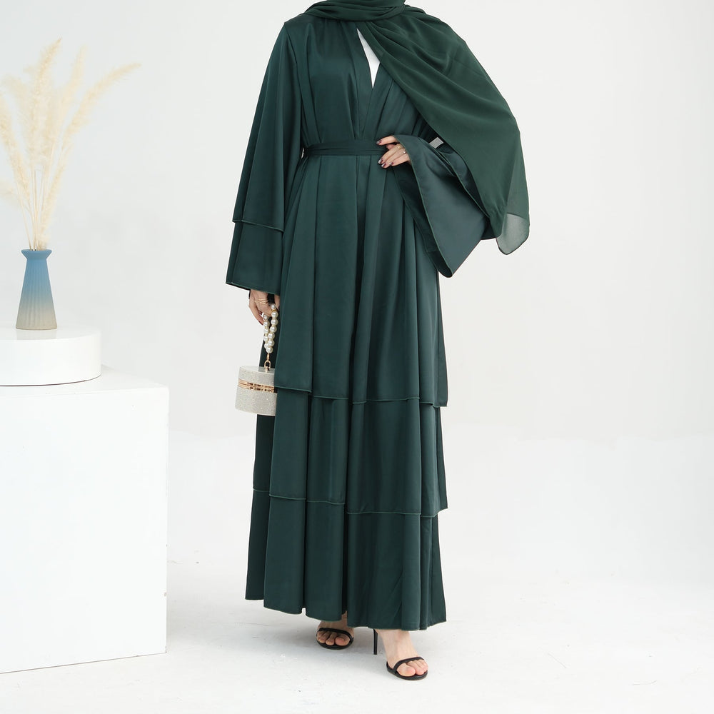 Get trendy with Miranda Layered Hem Satin Open Abaya - Dark Emerald -  available at Voilee NY. Grab yours for $69.90 today!