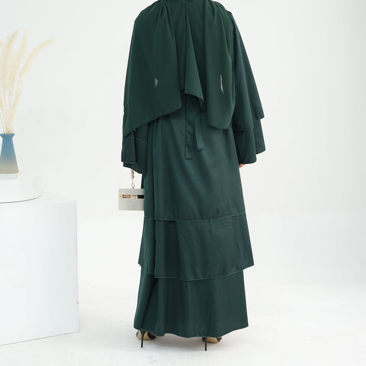 Get trendy with Miranda Layered Hem Satin Open Abaya - Dark Emerald -  available at Voilee NY. Grab yours for $69.90 today!