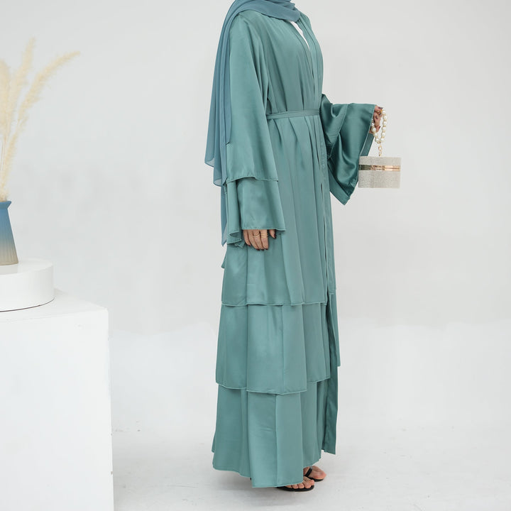 Get trendy with Miranda Layered Hem Satin Open Abaya - Mint -  available at Voilee NY. Grab yours for $69.90 today!