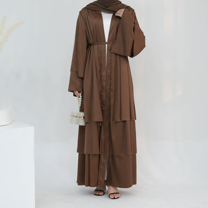 Get trendy with Miranda Layered Hem Satin Open Abaya - Coffee -  available at Voilee NY. Grab yours for $69.90 today!