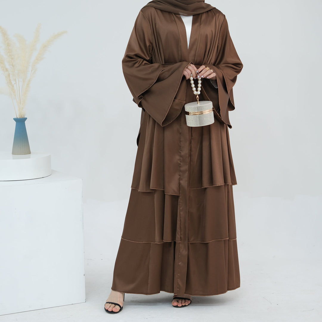 Get trendy with Miranda Layered Hem Satin Open Abaya - Coffee -  available at Voilee NY. Grab yours for $69.90 today!