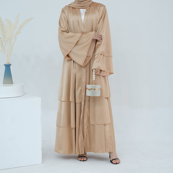 Get trendy with Miranda Layered Hem Satin Open Abaya - Champagne -  available at Voilee NY. Grab yours for $69.90 today!