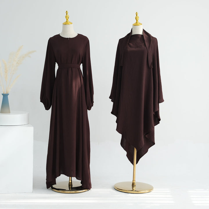 Get trendy with Essential Abaya Khimar Set - Coffee -  available at Voilee NY. Grab yours for $70 today!